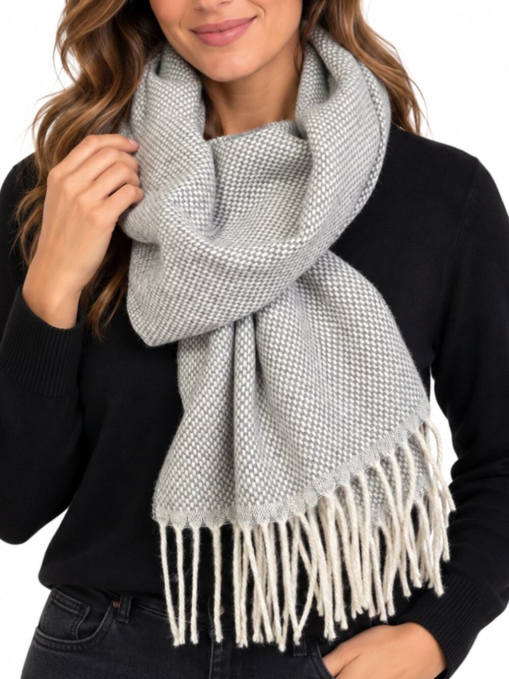 LINEA EMMETI NWT Italian Cashmere & Wool Knit Scarf Wrap Grey Check Woven Unisex